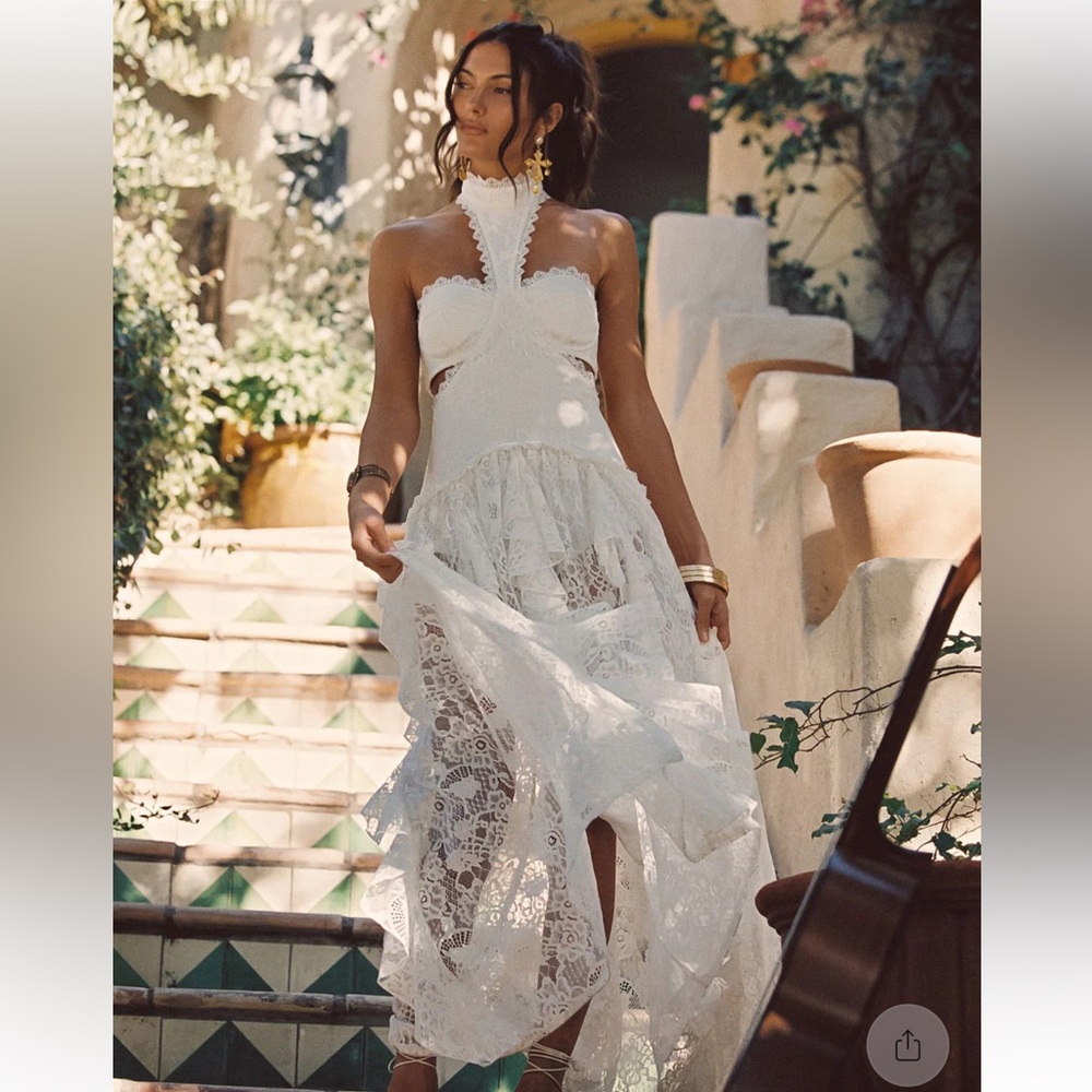 Princess White Lace Drop Waist Maxi Dress